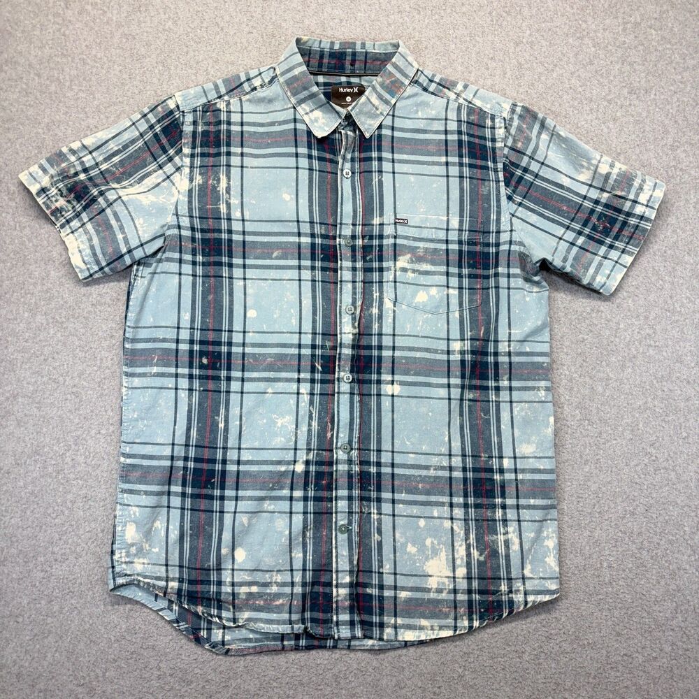 Hurley Plaid Button Up Shirt Men’s Medium Blue Red Short Sleeve Cotton